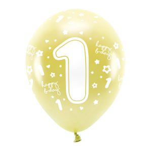 Metallic Eco Balloons 33 cm, Number '' 1 '', light gold (1 pkt / 6 pc.)