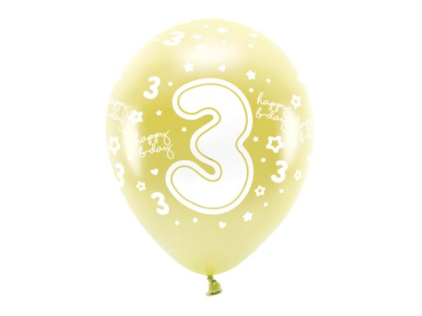 Metallic Eco Balloons 33 cm, Number '' 3 '', light gold (1 pkt / 6 pc.)