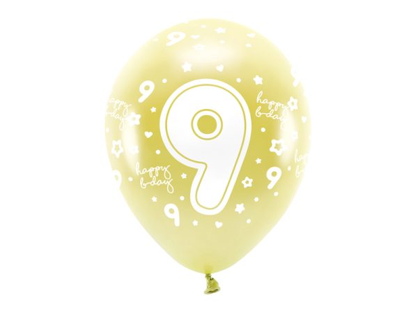 Metallic Eco Balloons 33 cm, Number ''9'', light gold (1 pkt / 6 pc.)