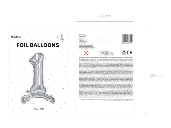 Standing foil balloon Number ''1'', 70cm, silver