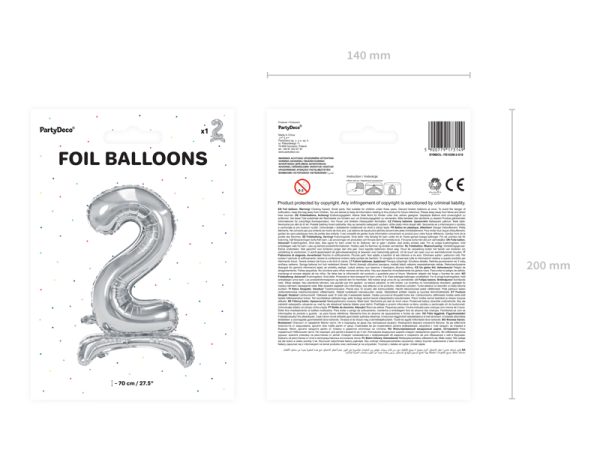 Standing foil balloon Number ''2'', 70cm, silver