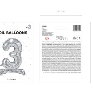 Standing foil balloon Number ''3'', 70cm, silver