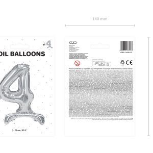 Standing foil balloon Number ''4'', 70cm, silver