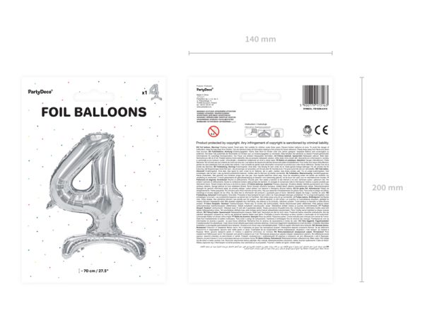 Standing foil balloon Number ''4'', 70cm, silver