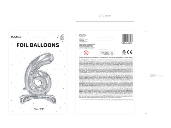 Standing foil balloon Number ''6'', 70cm, silver