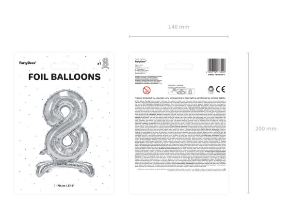 Standing foil balloon Number ''8'', 70cm, silver