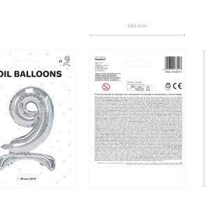Standing foil balloon Number ''9'', 70cm, silver