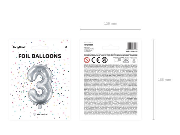 Foil Balloon Number ''3'', 35cm, silver