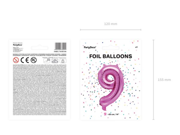 Foil Balloon Number ''9'', 35cm, dark pink