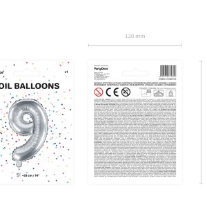 Foil Balloon Number ''9'', 35cm, silver