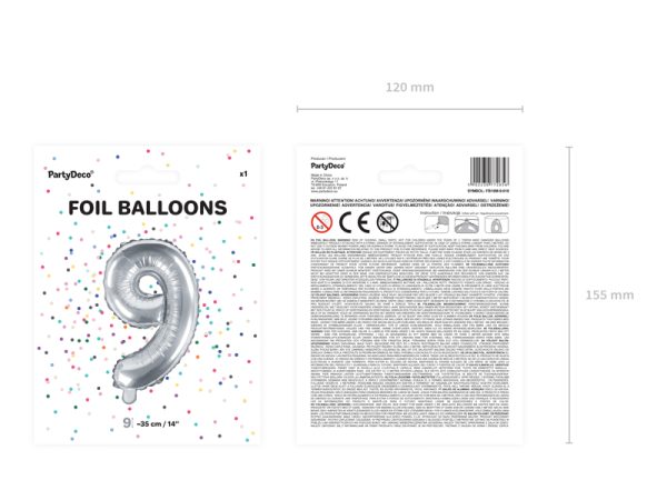 Foil Balloon Number ''9'', 35cm, silver