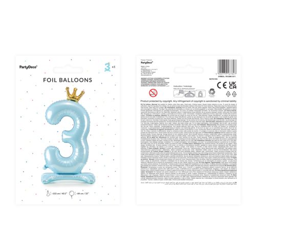 Standing foil balloon Number ''3'' , 84 cm,  sky-blue