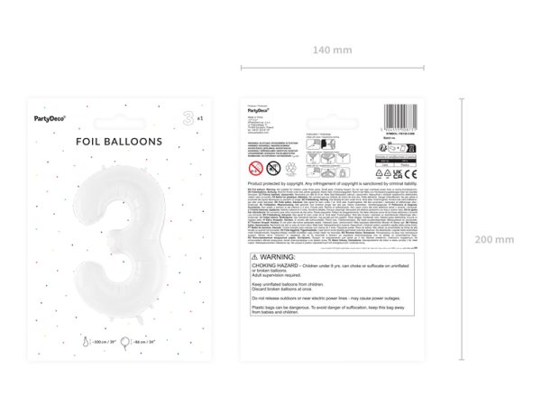 Foil ballon Number ''3'', 86 cm, white