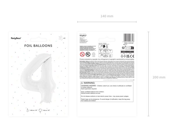 Foil ballon Number ''4'', 86 cm, white