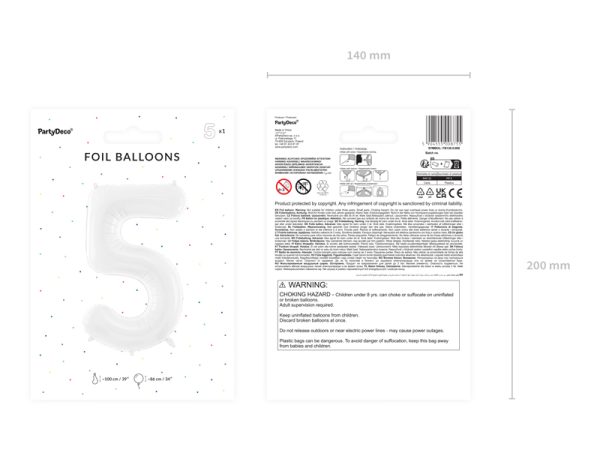 Foil ballon Number ''5'', 86 cm, white