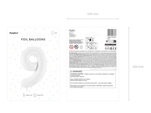 Foil ballon Number ''9'', 86 cm, white