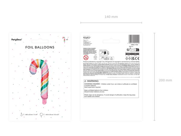 Foil balloon Candy cane, 18.5x35 cm, mix (1 pkt / 5 pc.)