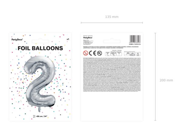 Foil Balloon Number ''2'', 86cm, silver
