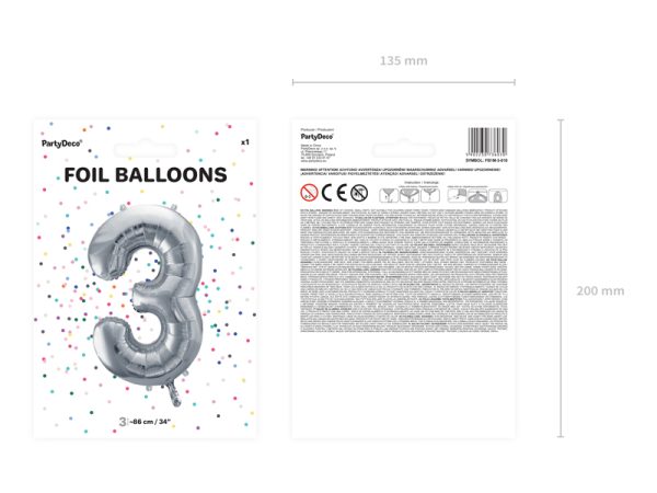 Foil Balloon Number ''3'', 86cm, silver