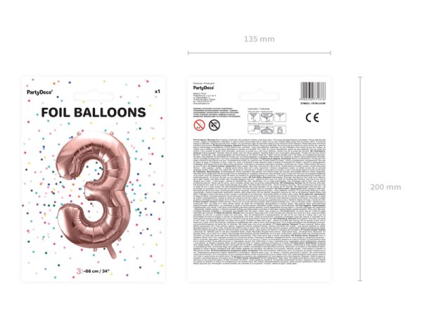 Foil Balloon Number ''3'', 86cm, rose gold