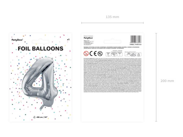 Foil Balloon Number ''4'', 86cm, silver