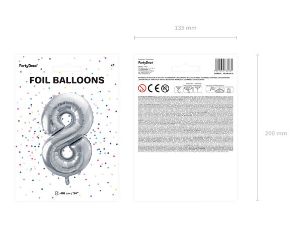 Foil Balloon Number ''8'', 86cm, silver