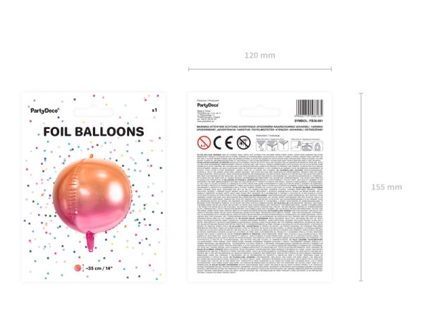 Foil Balloon Ombre Ball, pink and orange, 35cm