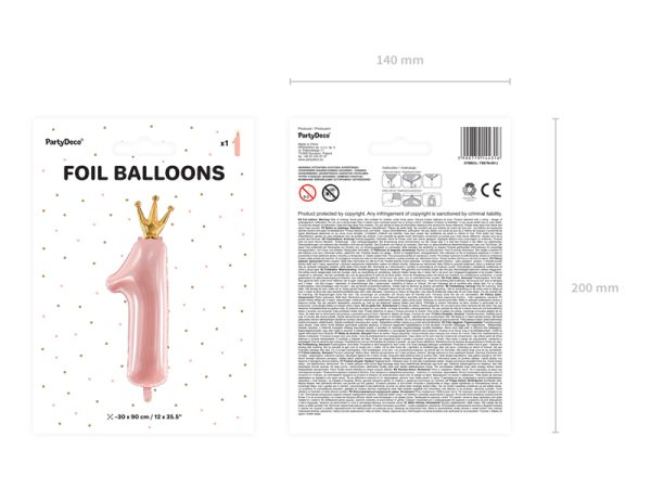 Foil Balloon Number ''1'', 37x100cm, light pink