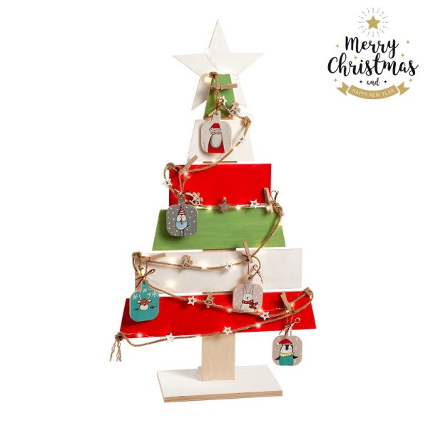 Ξύλινο διακοσμητικό δέντρο Χριστουγέννων με led φωτάκια και ξύλινα διακοσμητικά